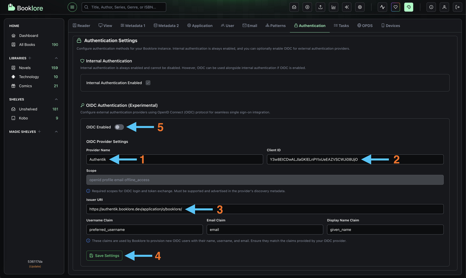 Booklore OIDC Settings